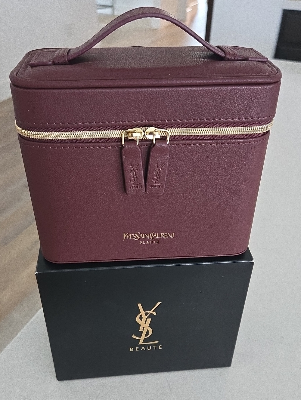 NIB Yves Saint Laurent Vanity bag Rich maroon & Gold logo YSL Vanity Case Bag